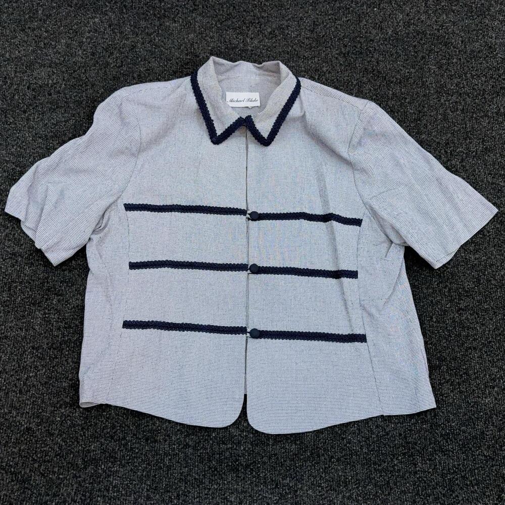 Michael Blake Blouse Womens M Blue Check Trim Short Sleeve Button Top Casual